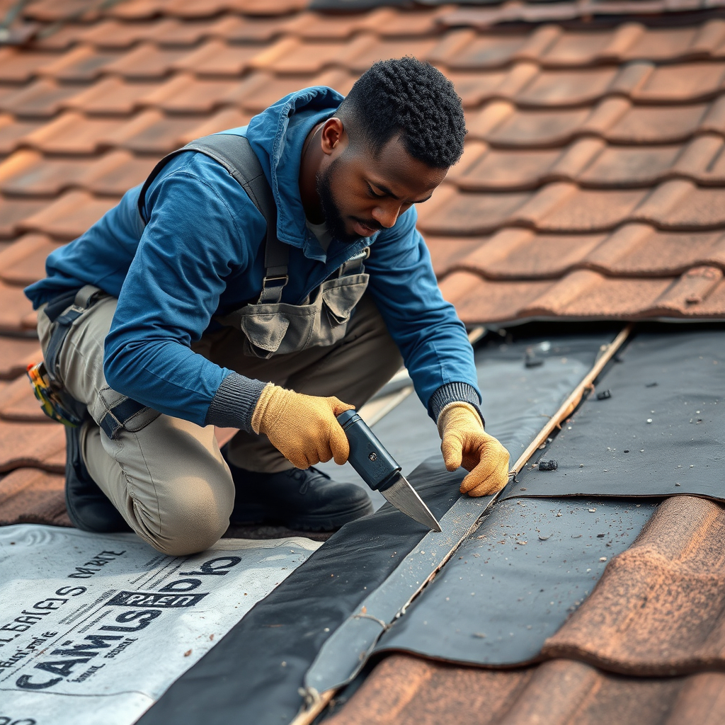 black man Technician repairing roof flashing and underlayment